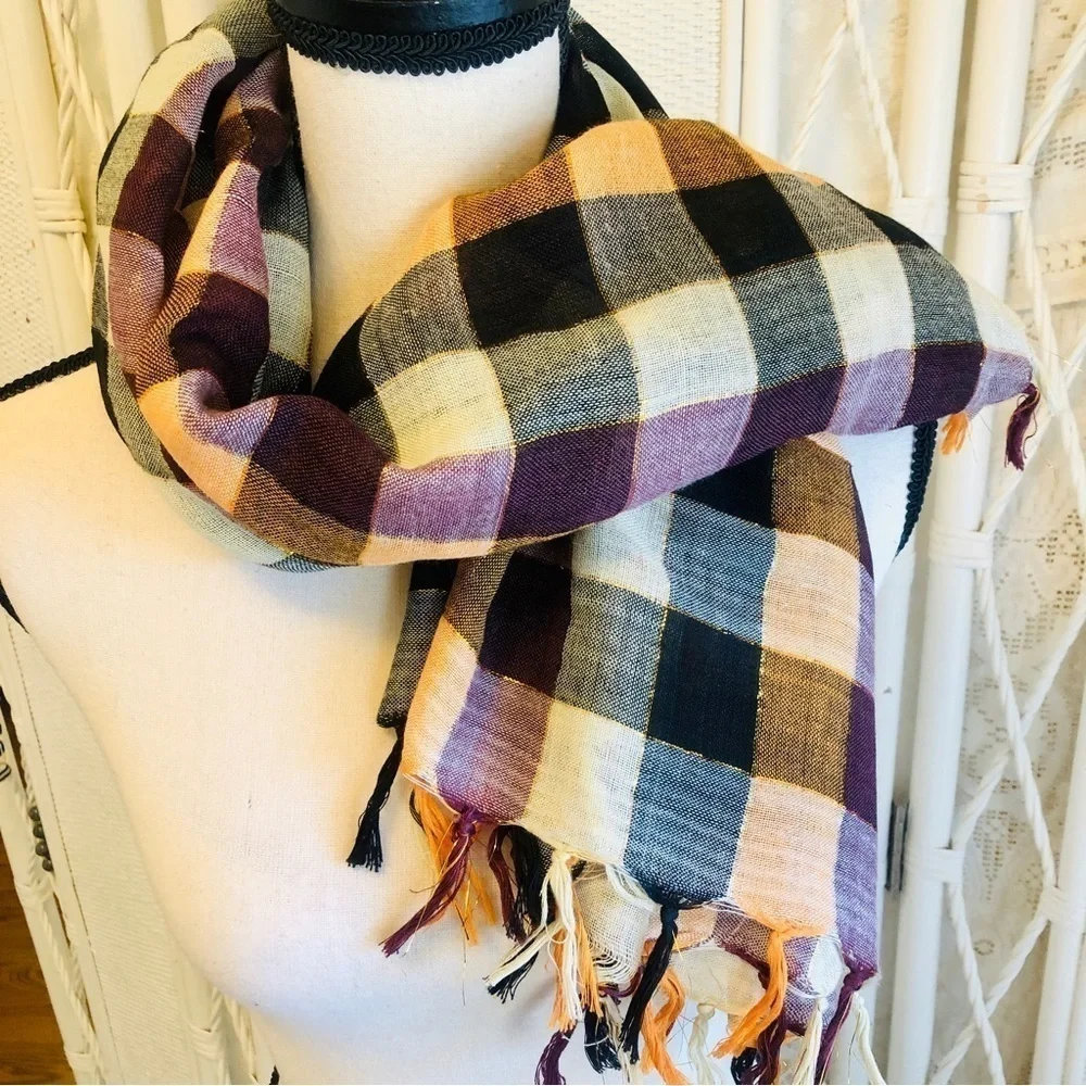 Forever 21 Scarf Buffalo Check Ivory Black Orange Metallic Thread Fringed